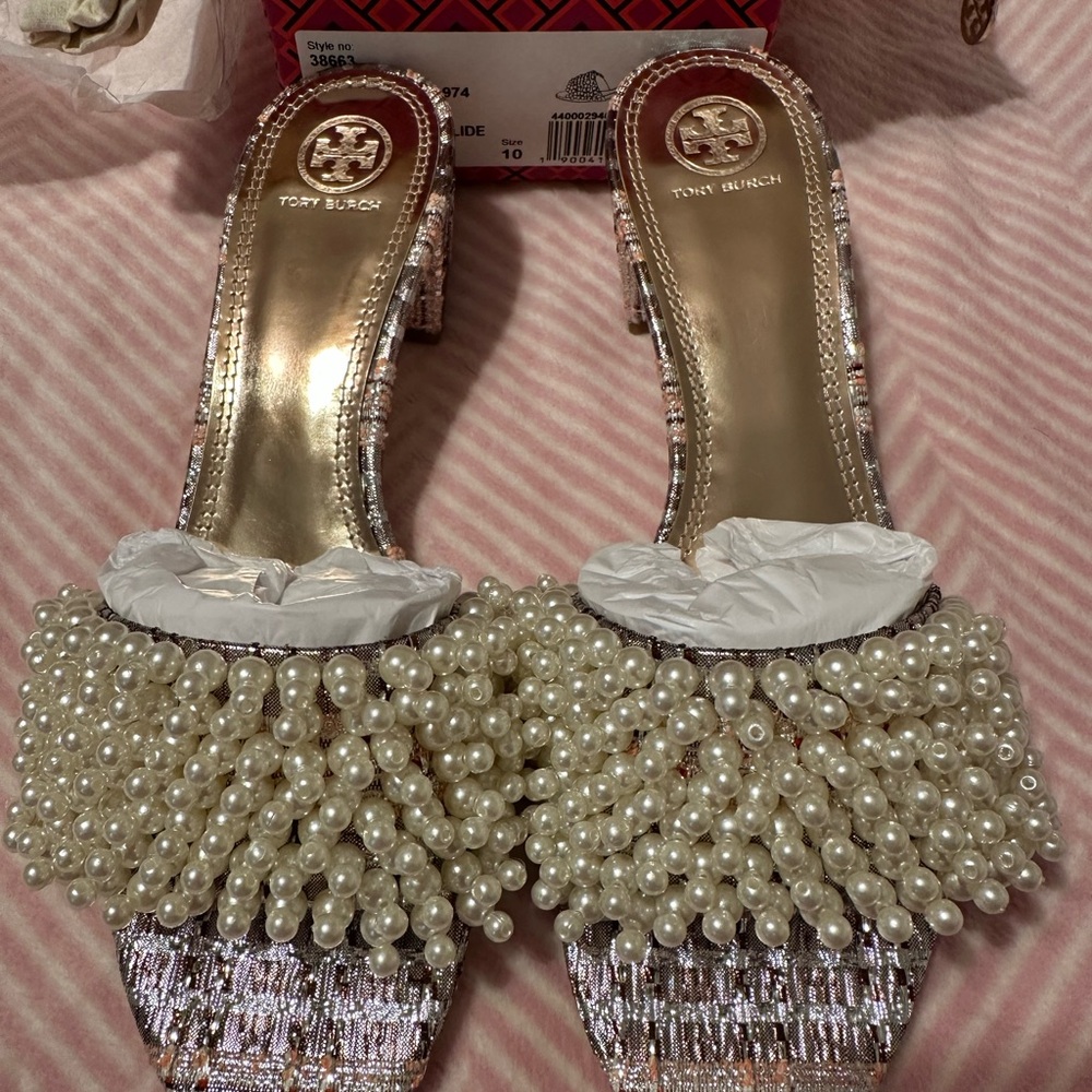 Tory Burch Pink Pearl Cluster Mule Sandals